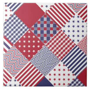 USA Americana Diagonal Red White & Blue Quilt Ceramic Tile