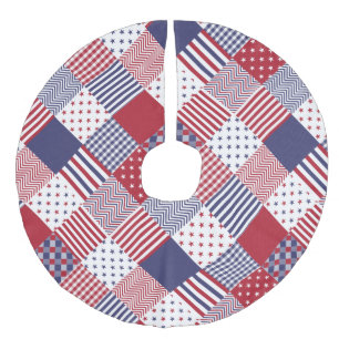 USA Americana Diagonal Red White & Blue Quilt Faux Linen Tree Skirt