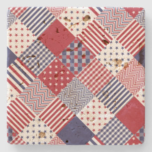 USA Americana Diagonal Red White & Blue Quilt Stone Coaster