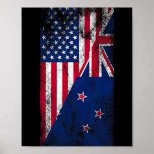 Usa & New Zealand Flags - Us Of America Kiwi, Poster