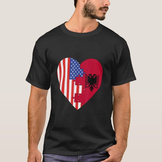 USA and Albania Flags Heart T-Shirt (Front)