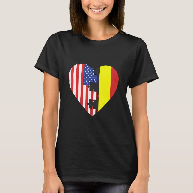 USA and Belgium Flags Heart T-Shirt (Front)