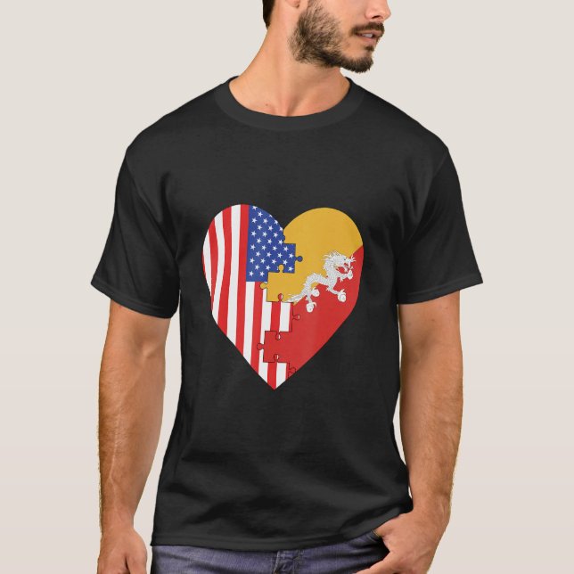 USA and Bhutan Flags Heart T-Shirt (Front)