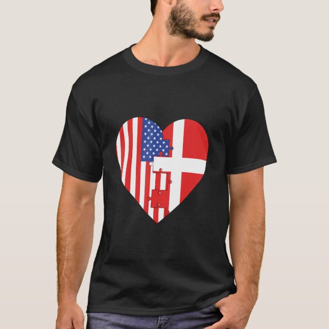 USA and Denmark Flags Heart T-Shirt (Front)