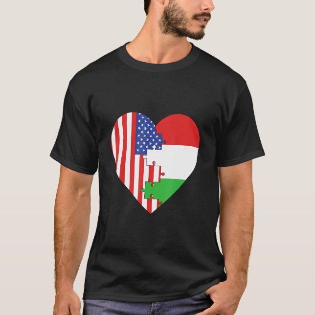 USA and Hungary Flags Heart T-Shirt (Front)