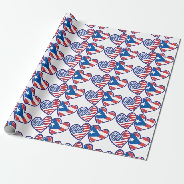 USA and Puerto Rico Flag Heart Wrapping Paper (Unrolled)