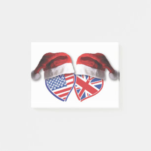 USA and UK Flag Heart Santas Post-it Notes
