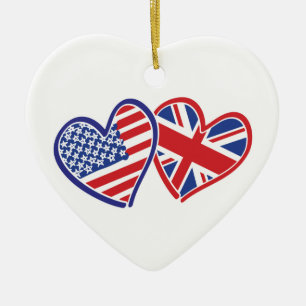 USA and UK Flag Hearts Ceramic Ornament
