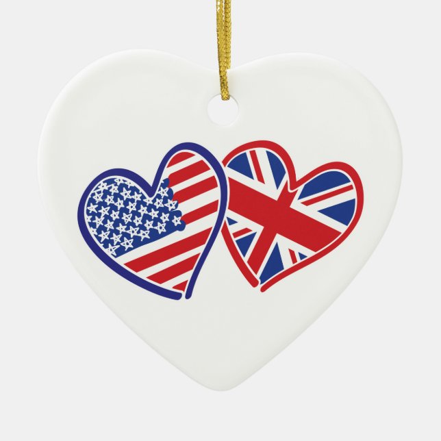 USA and UK Flag Hearts Ceramic Ornament (Front)