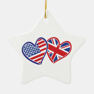 USA and UK Flag Hearts Ceramic Ornament