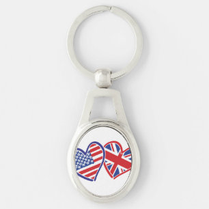 USA and UK Flag Hearts Key Ring