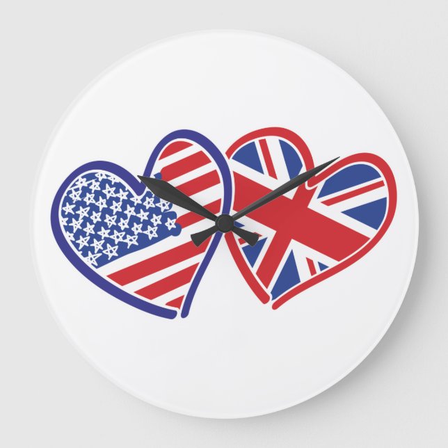 USA and UK Flag Hearts Large Clock (Front)