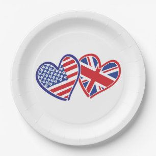 USA and UK Flag Hearts Paper Plate