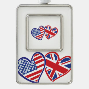 USA and UK Flag Hearts Silver Plated Framed Ornament