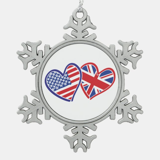 USA and UK Flag Hearts Snowflake Pewter Christmas Ornament (Front)