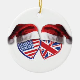 USA and UK Flag Hearts with Santa Hats Ceramic Ornament