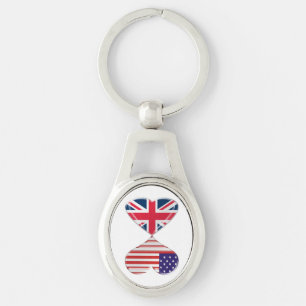 USA and UK Hearts Flags Twisted Metal Key Chain