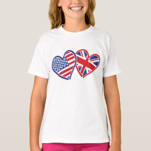 USA and UK Patriotic Flag Hearts T-Shirt
