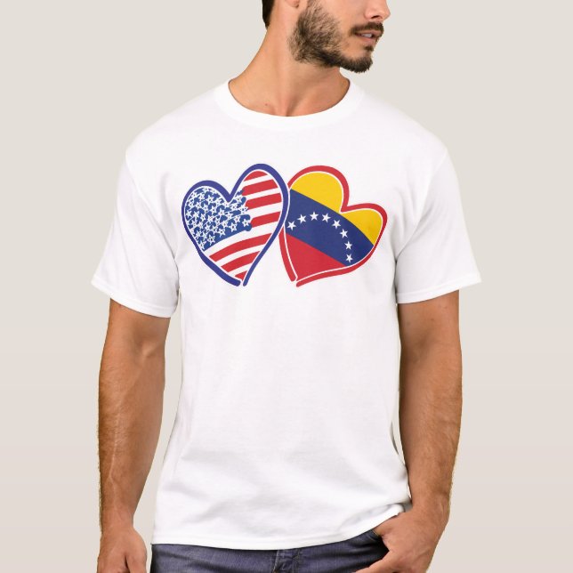 USA and Venezuela Flag Hearts T-Shirt (Front)