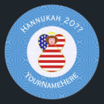 USA Angel Red Hair Hanukkah Flag Personalised  Classic Round Sticker<br><div class="desc">Round sticker shows a red haired angel wearing the flag of the United States of America on this sticker for holiday gift decorating or Hanukkah decor. The USA Flag angel is found inside a white, fractal circle of squiggly squares. The background is a blue fractal of squiggly squares. Add your...</div>