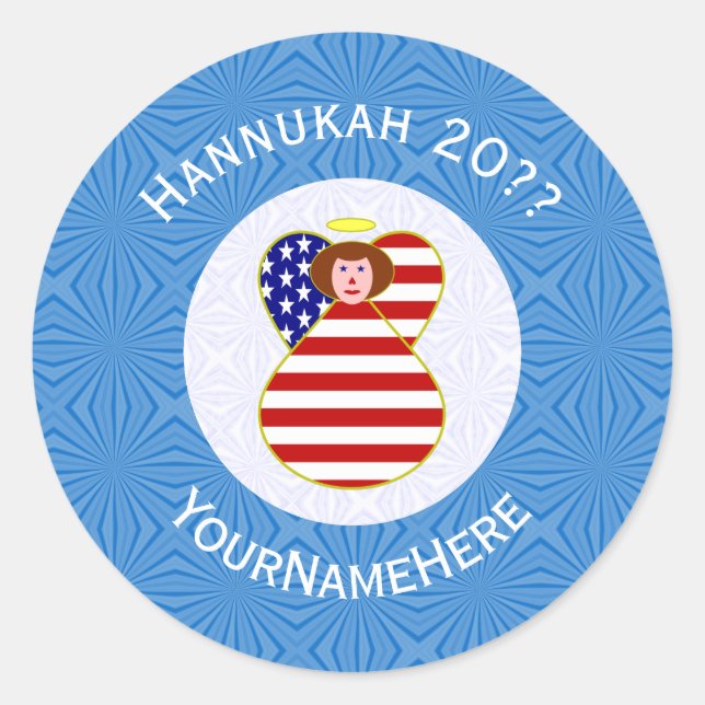 USA Angel Red Hair Hanukkah Flag Personalised  Classic Round Sticker (Front)