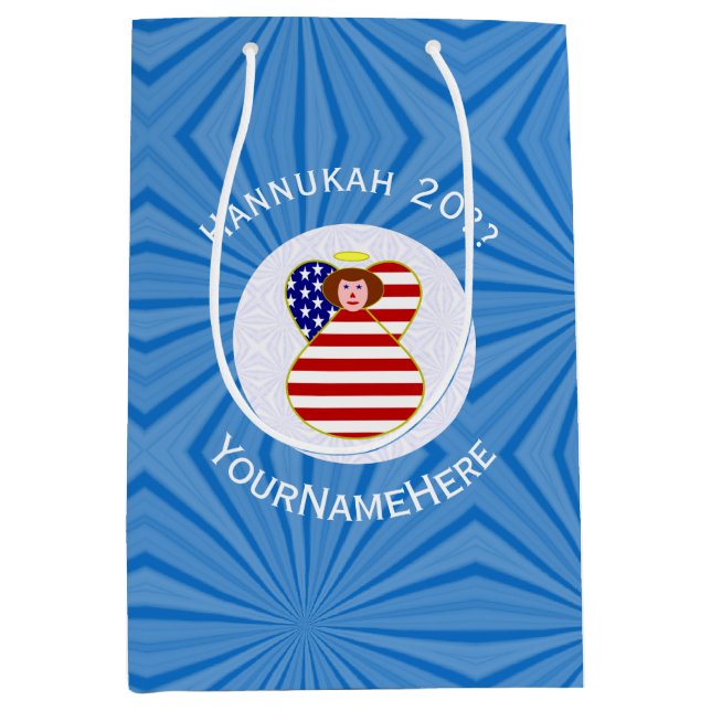 USA Angel Red Hair Hanukkah Flag Personalised  Medium Gift Bag (Front)