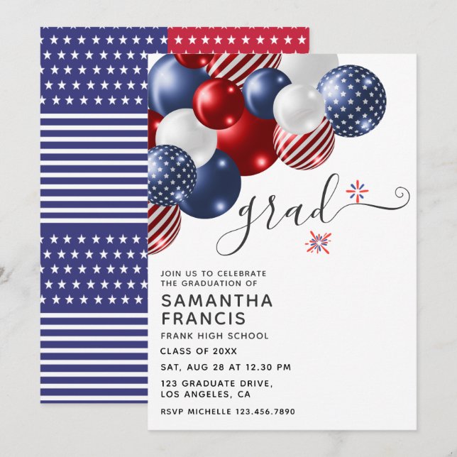 USA Balloon Graduation Party Invitation (Front/Back)