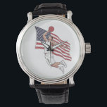 USA Basketball Slam Dunk American Flag Color Art Watch<br><div class="desc">This artwork blends high-energy sportsmanship with patriotic spirit through a dynamic visual composition. What makes it stand out is the striking color contrast between the green basketball jersey and the classic red, white, and blue colors of the American flag, making the player the central figure. The design tells a story...</div>