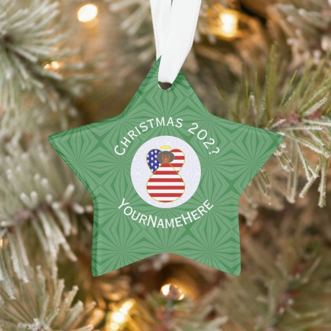 USA Black Angel Christmas Flag Personalised  Ornament (Tree)