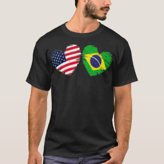 USA Brazil Flag Heart Valentines Day Brazilian Ame T-Shirt