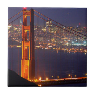 USA, California. Golden Gate Bridge At Night Ceramic Tile