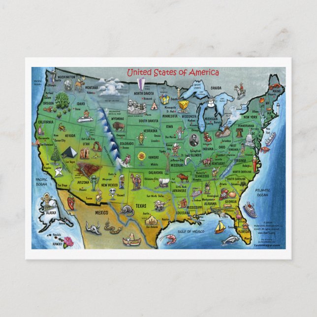 USA Cartoon Map Postcard (Front)