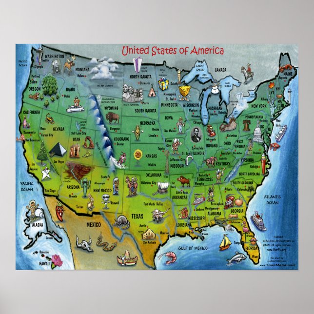 USA Cartoon Map Small Poster (Front)
