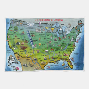 USA Cartoon Map Tea Towel