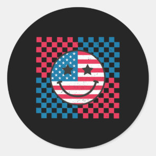 Usa Chequerboard 4th Of July Happy Face American Classic Round Sticker
