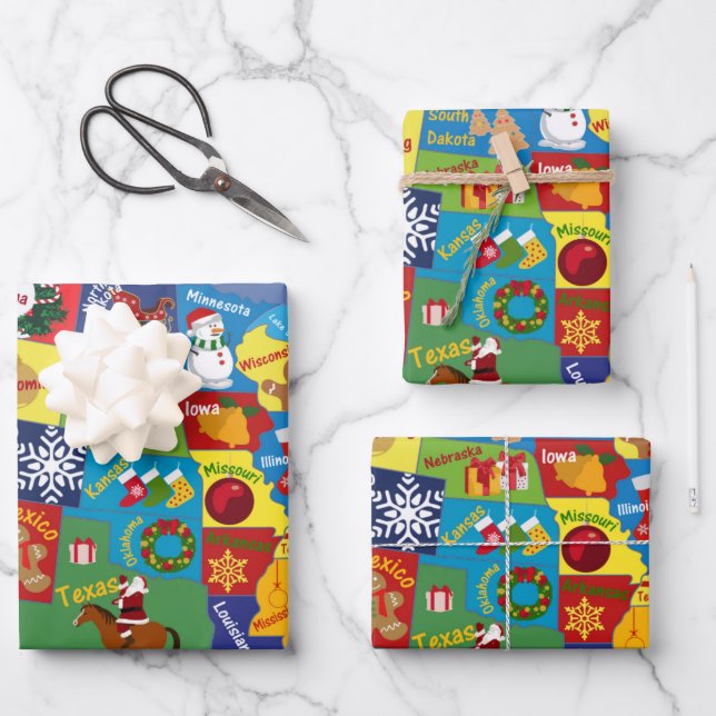 USA Christmas Map Wrapping Paper Sheet (Front)