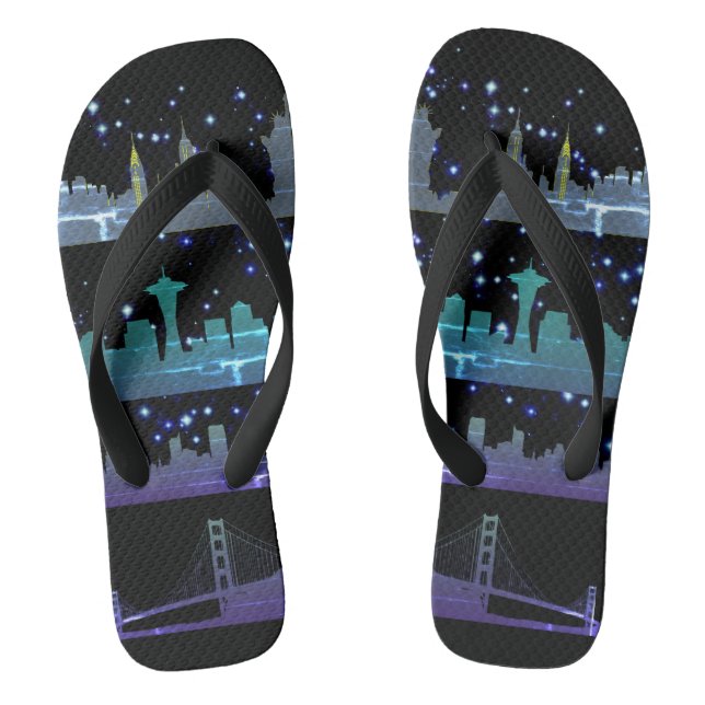 USA City Skylines Silver Nightlife with Stars Thongs (Footbed)