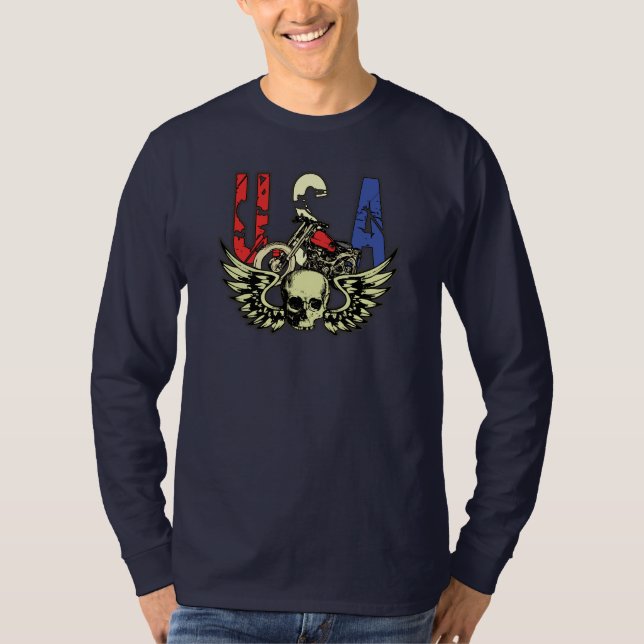 USA Classic Motorcycle Skull Wings Long T-shirt (Front)