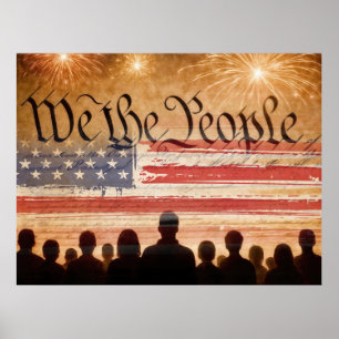 USA Constitution With Flag and Fireworks Poster