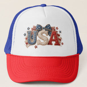 USA Coquette Bow 4th of July Patriotic Pearl Trucker Hat