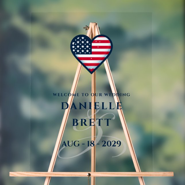 USA Couple Heart Wedding Welcome Acrylic Sign (Neutral)