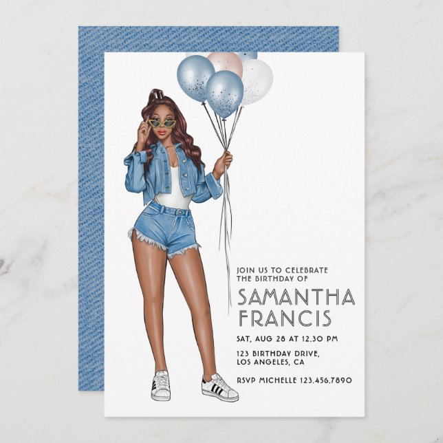 USA Denim themed Girl Birthday Party Invitation (Front/Back)