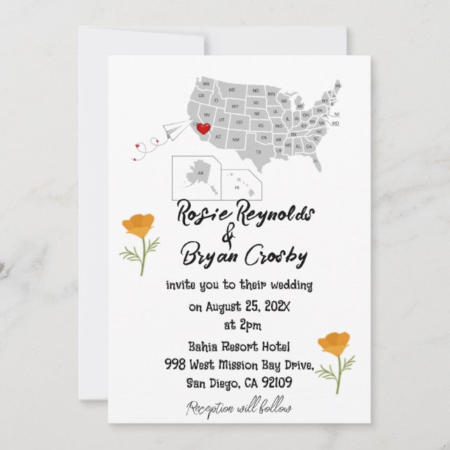USA destination map Wedding invitation (Front)