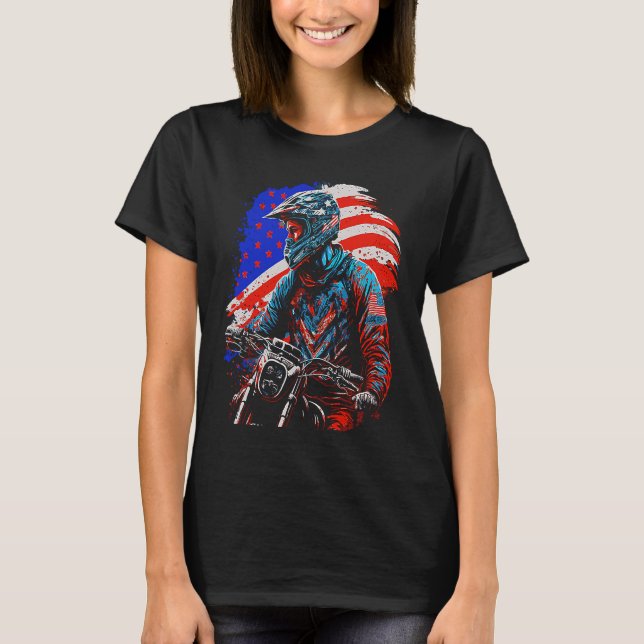 Usa Dirt Bike Rider Motocross American Flag T-Shirt (Front)