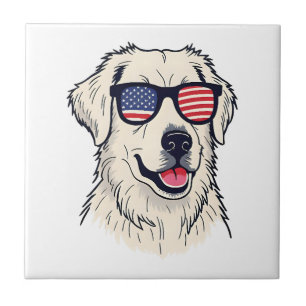 USA Dog Lover - Cool Pup with American Flag Shades Ceramic Tile
