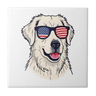 USA Dog Lover - Cool Pup with American Flag Shades Ceramic Tile