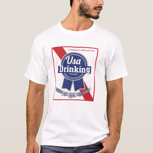 USA Drinking Team blue ribbon PBR T-Shirt (Front)