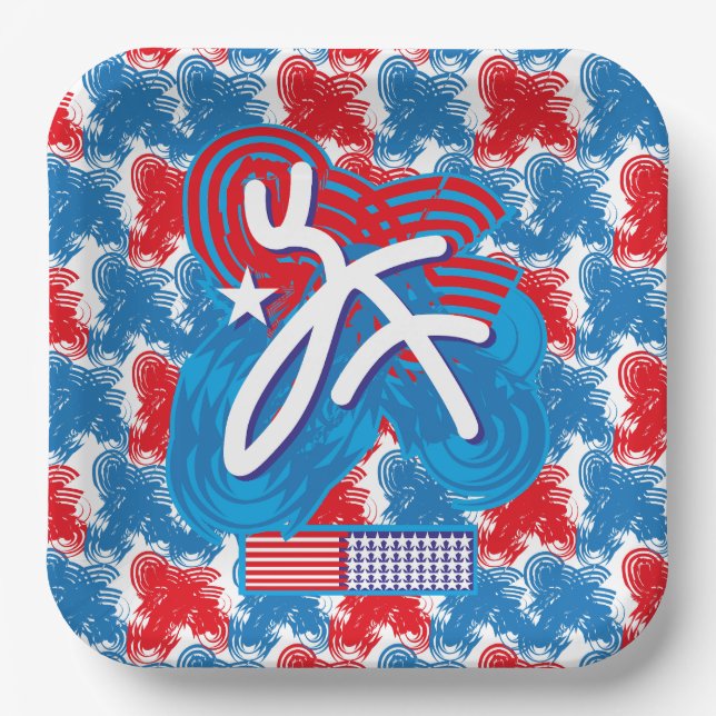 USA/EEUU FLAG SIMPLIFIED TEXT BY MASANSER PIXELAT PAPER PLATE (Front)
