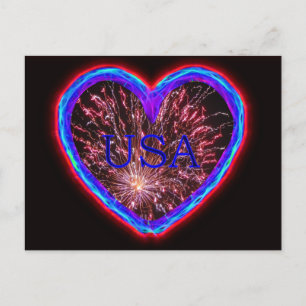 USA Electric Heart Fireworks Design Postcard