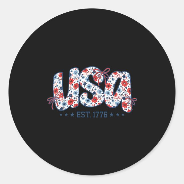 Usa Est 1776 Floral Preppy 4th Of July Coquette Bo Classic Round Sticker (Front)